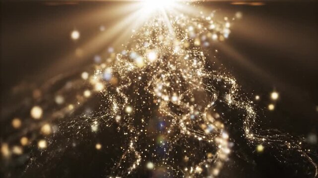 Golden ethereal light beams with shimmering glitter threads streaming down on a dark background
