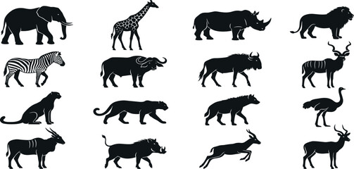 African Safari Wild Animal Silhouette Icon Set for Wildlife Conservation Branding, Eco Tourism Layouts, Educational Zoo Posters, and Nature Graphic Vector Designs © MstAfrinaAkter