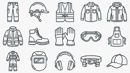 Obraz premium Sleek Black and White Line Art Collection of 15 Essential Safety Workwear and Protective Gear Items