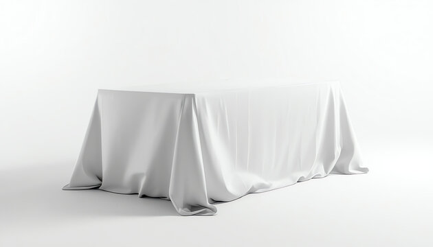White empty cloth table isolated on white background, studio image closeup. Blank tablecloth mockup stand display for conference, show, brand events presentation. Three-dimentional blank surface