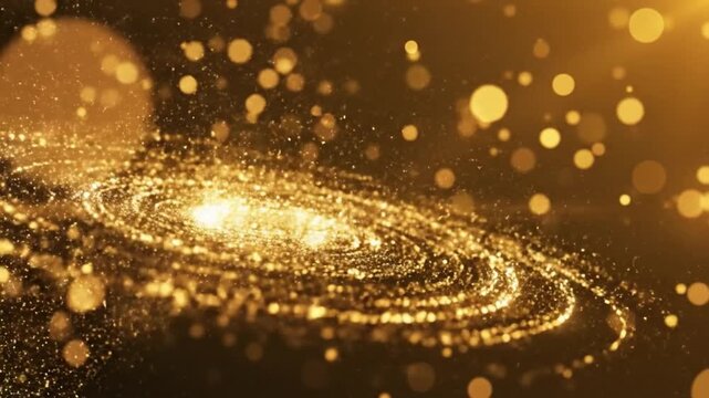 Golden glitter particles swirling in a captivating spiral dance with warm bokeh light effects