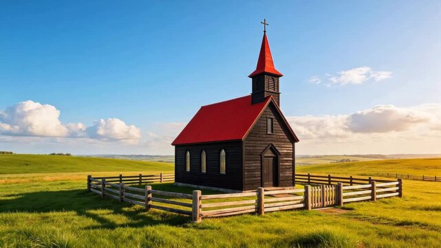 Small wooden church in green field