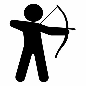 Person drawing bow and arrow ready to shoot - Simple black and white vector icon of a stick figure holding a bow and arrow, poised to shoot. Minimalist and clean design for various uses.