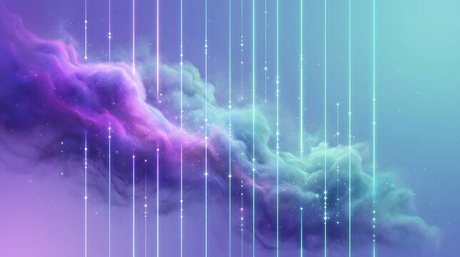 Abstract background with colorful glowing nebula clouds and vertical light lines