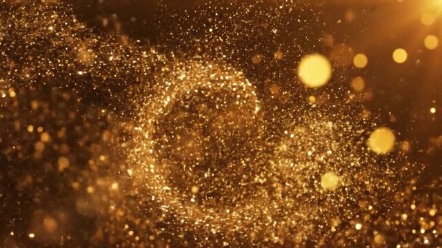 Golden glittering particles swirling in a dense festive pattern with twinkling bokeh lights
