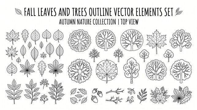 fall leaves and trees outline vector elements set