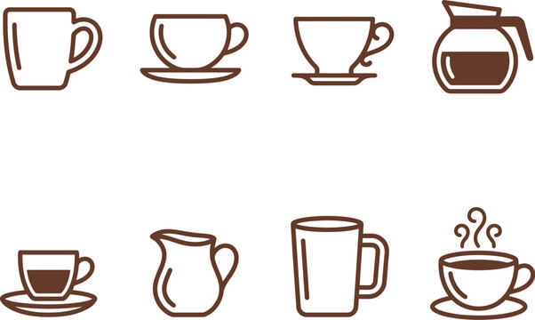 Set of coffee and tea cups mugs pots and creamers icons in simple line art style illustration
