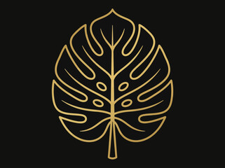 Elegant Gold Monstera Leaf Line Art on Black Background © einikasu