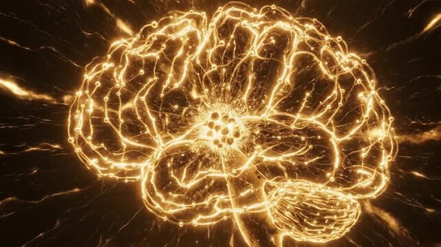 Golden neural network expanding from the center to form a glowing brain in a dark void