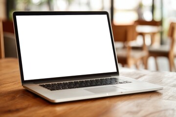 Fototapeta premium The Laptop in a Sunlit Cafe Inspires Focus and Creative Work
