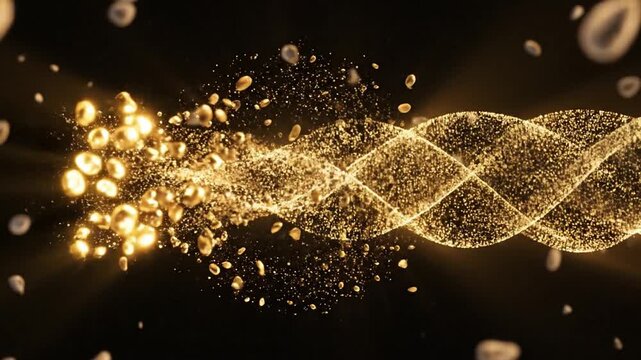 Golden particles forming a glowing double helix structure representing cellular rejuvenation