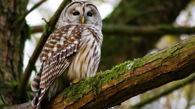 Barred owl sitting on branch tree.