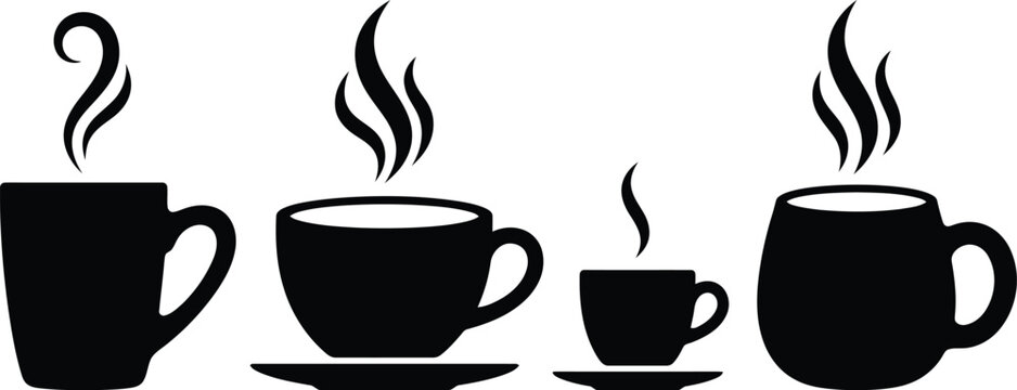 Set of black coffee cup icons with hot steam silhouettes for cafe menus and drink designs