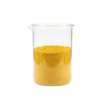 Yellow maca powder blend in a generic glass beaker