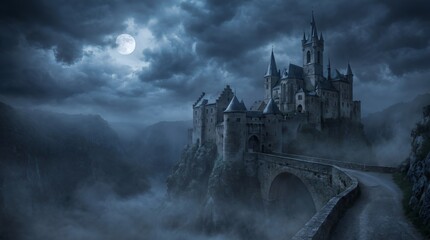 Naklejka premium Mysterious Gothic Castle Under a Full Moon in a Foggy Night Landscape.