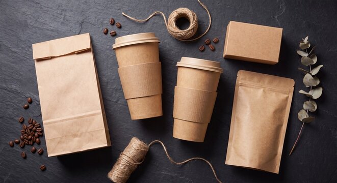 Flat lay mockup of eco friendly kraft paper coffee packaging on dark stone surface for branding identity design