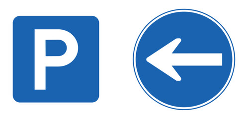Parking and Directional Sign: A square blue sign displaying a white letter P for parking, next to a circular blue sign with a white arrow pointing to the left, indicating direction. © Vector By Thakur