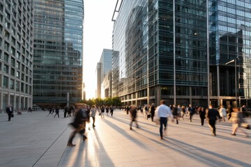 Obraz premium The City Square at Sunset with Modern Glass Skyscrapers and Walking Crowd