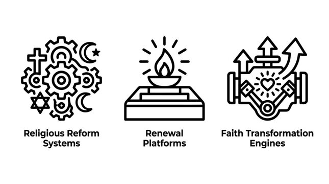 Set of conceptual icons representing religious reform systems renewal platforms faith transformation engines religion platform transformation crescent spiritual innovation development