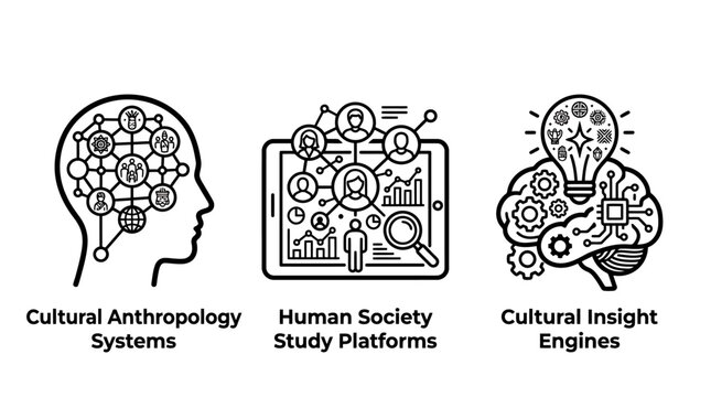 Set of abstract line icons representing cultural anthropology systems human society study platforms cultural insight engines anthropology technology analysis research platform illustration