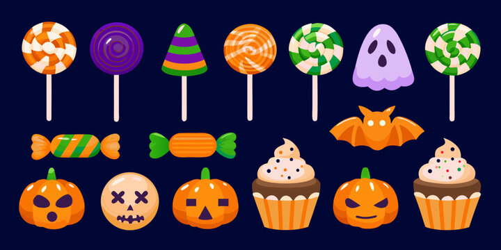 Halloween Candy Collection Colorful Vector Illustration On Dark Background