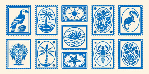Vintage postage stamp illustrations featuring tropical motifs and marine life © Huraya