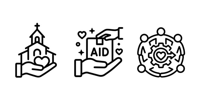 Community aid and religious support icons with community teamwork collaboration religion illustration cooperation solidarity humanitarian nonprofit volunteer organization together goodwill