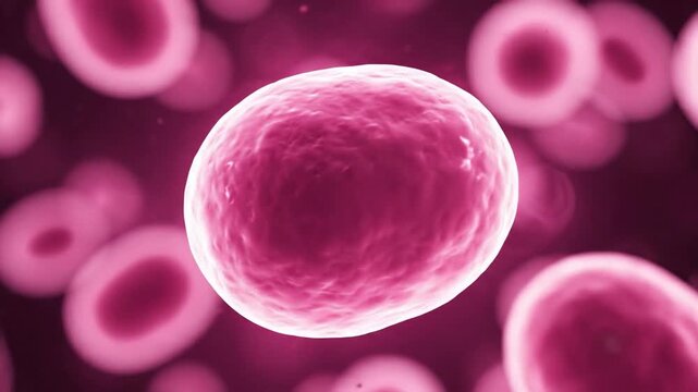 Healthy human egg cell spinning slowly in pink microscopic fluid for fertility education
