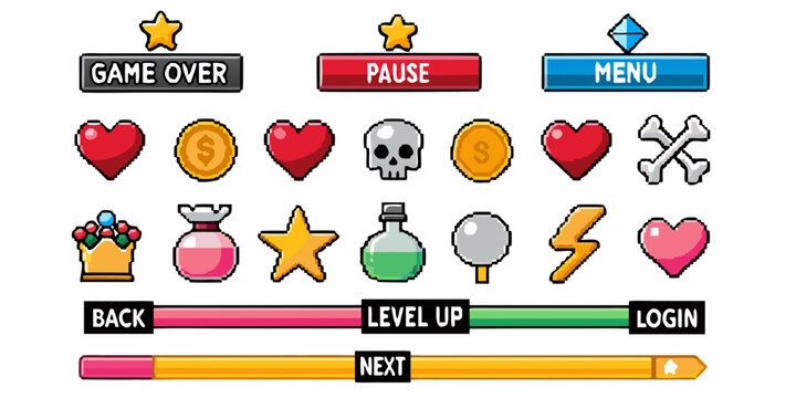 Pixel art game user interface elements on a white background
