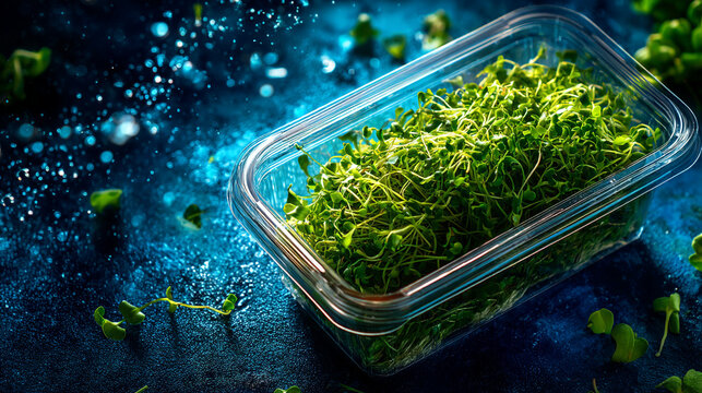 Close-up of microgreens in a clear plastic container on a textured surface with food prepara