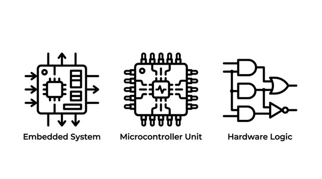Embedded system microcontroller and hardware logic electronic circuit icons with embedded microcontroller hardware electronic processor automation technology engineering component electrical
