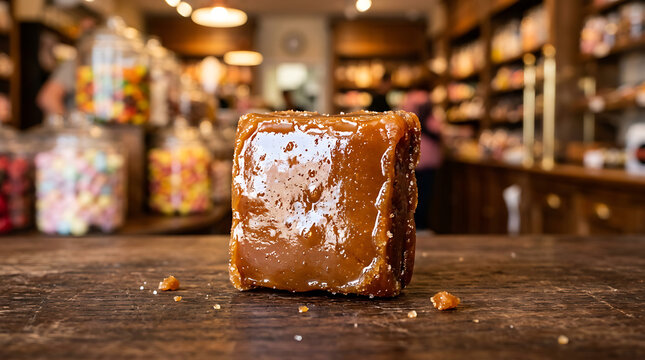 Delicious Square of Rich English Toffee Candy on a Wooden Surface