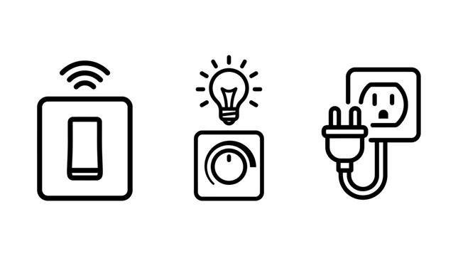 Collection of smart home icons featuring wall switch light dimmer electrical wall outlet with plugged cord for home electrical appliance control electrical automation electricity technology