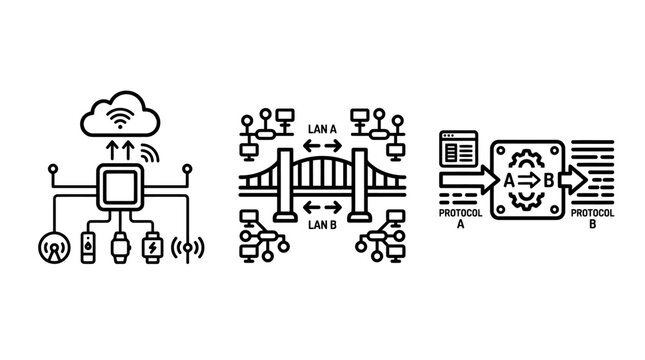 Network and data infrastructure line icon set including cloud computing local network bridge data conversion with infrastructure computing conversion technology connection internet transfer