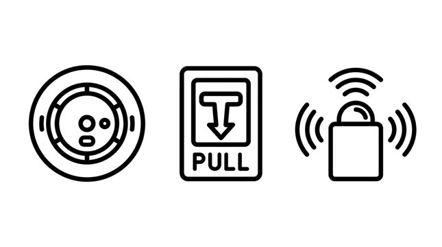Collection of industrial safety and emergency signal icons with emergency industrial activation protection installation technical monitoring mechanism operational security equipment