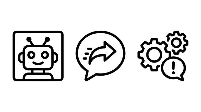 Robot bot communication and technical issue error icons with communication technical artificial intelligence automation software interface notification technology mechanical illustration