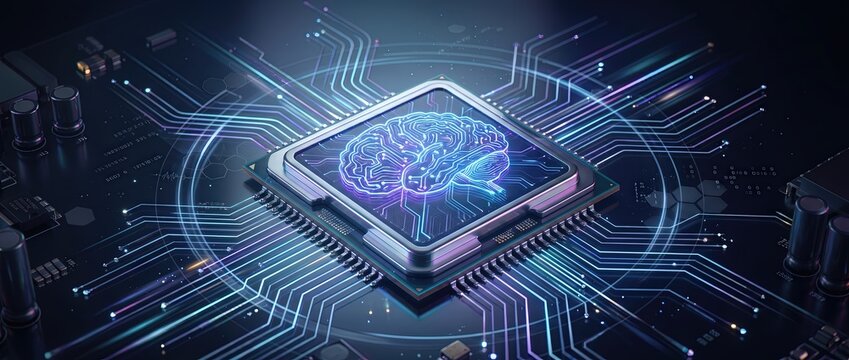 Futuristic technology concept a stylized brain inside a microchip representing artificial intelligence and neural networks in a digital circuit background