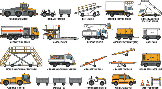 Airport ground support equipment set featuring pushback tractor baggage tug loader and catering truck vector illustrations for logistics marketing