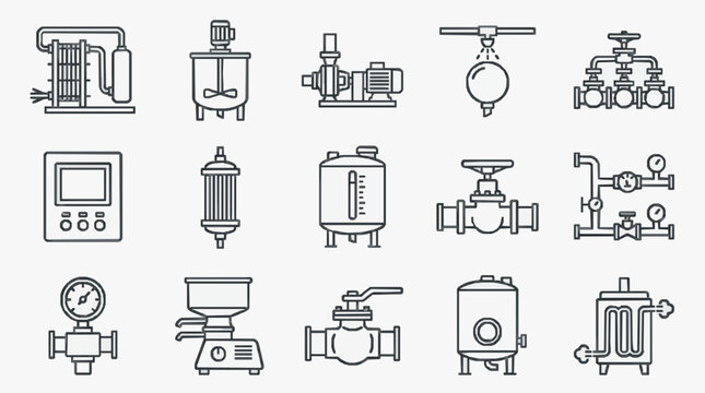 Professional Black and White Line Icons Set of Industrial Equipment and Control Devices for Engineering Diagrams
