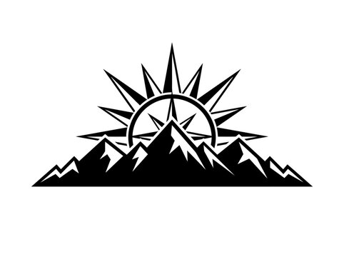 Mountain Peaks with Compass Rose Sun Vector Icon