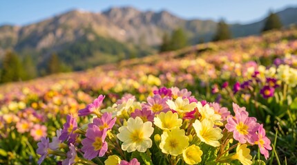 Obraz premium Alpine meadow with colorful primrose flowers and mountain background