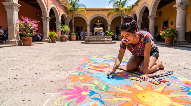 Woman drawing chalk mural in sunny colonial courtyard plaza