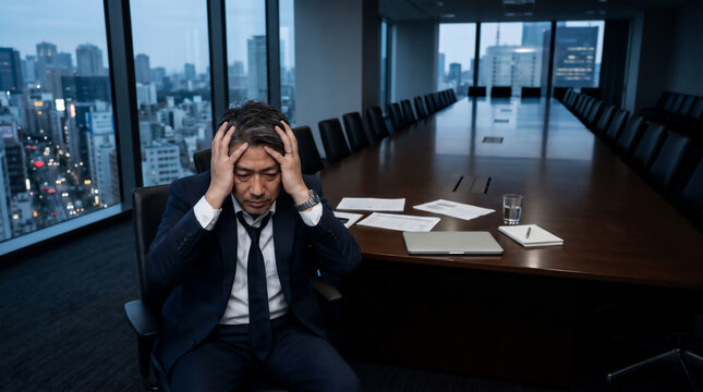 Desperate Japanese businessman holding his head in an empty boardroom with city view at night