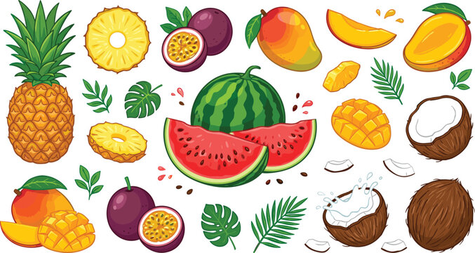 Tropical fruits vector illustration set featuring pineapple watermelon mango coconut and passionfruit with exotic leaves for summer food beverage menu design