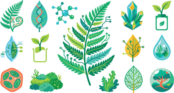 Biotechnology and green tech icon set featuring digital bio engineering fern leaves DNA molecule crystal and cell vector illustration for science marketing