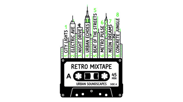 Retro mixtape cassette tape with urban city skyline graphic