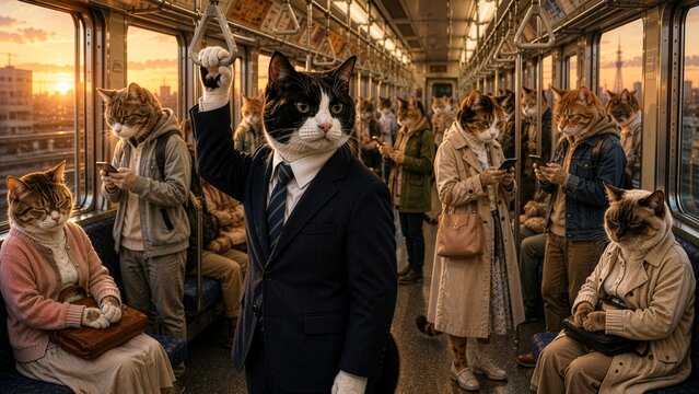 Business Cat Holding a Strap on a Crowded Japanese Commuter Train at Sunset