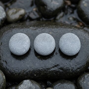 Three smooth grey stones balanced on a wet dark rock.