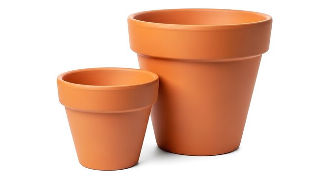 Two empty terracotta flower pots of different sizes isolated on a white studio background surface