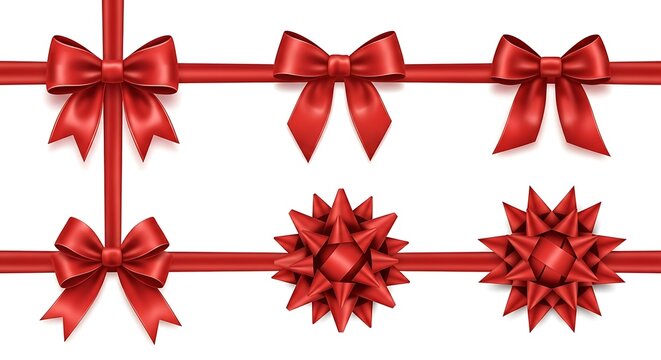 A collection of realistic red ribbon bows and gift wrap decorative elements on a white background